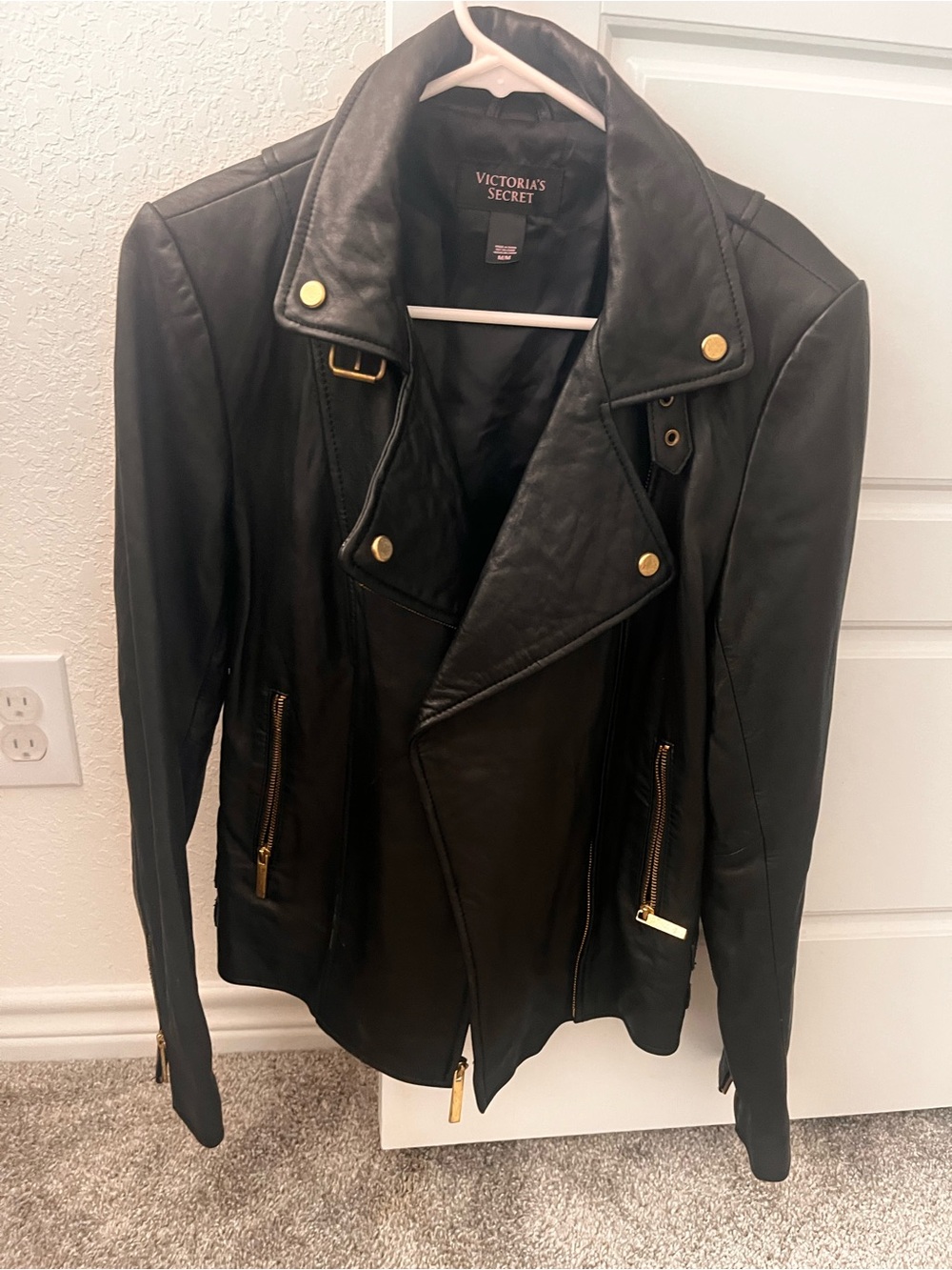 Victoria's Secret Black Leather Biker Jacket with Gold Hardware